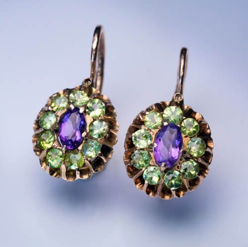 Caravanas Vintage Redondos Cristal Verde y Morado