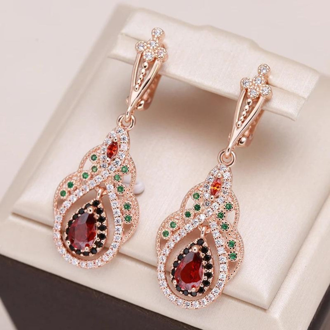Caravanas Mandala Roja con Circonita en Oro