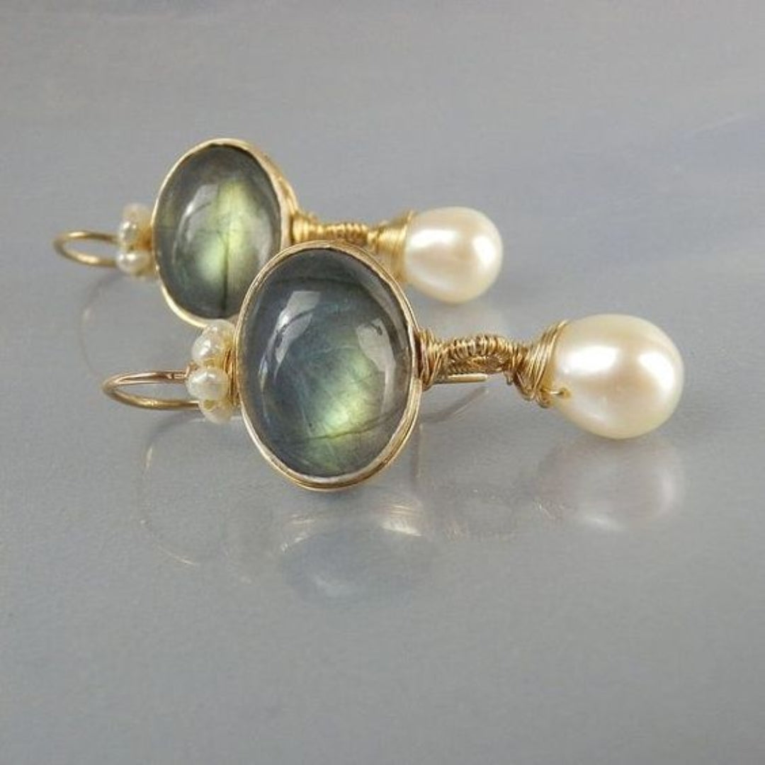 Caravanas Cristal Verde con Perlas Vintage