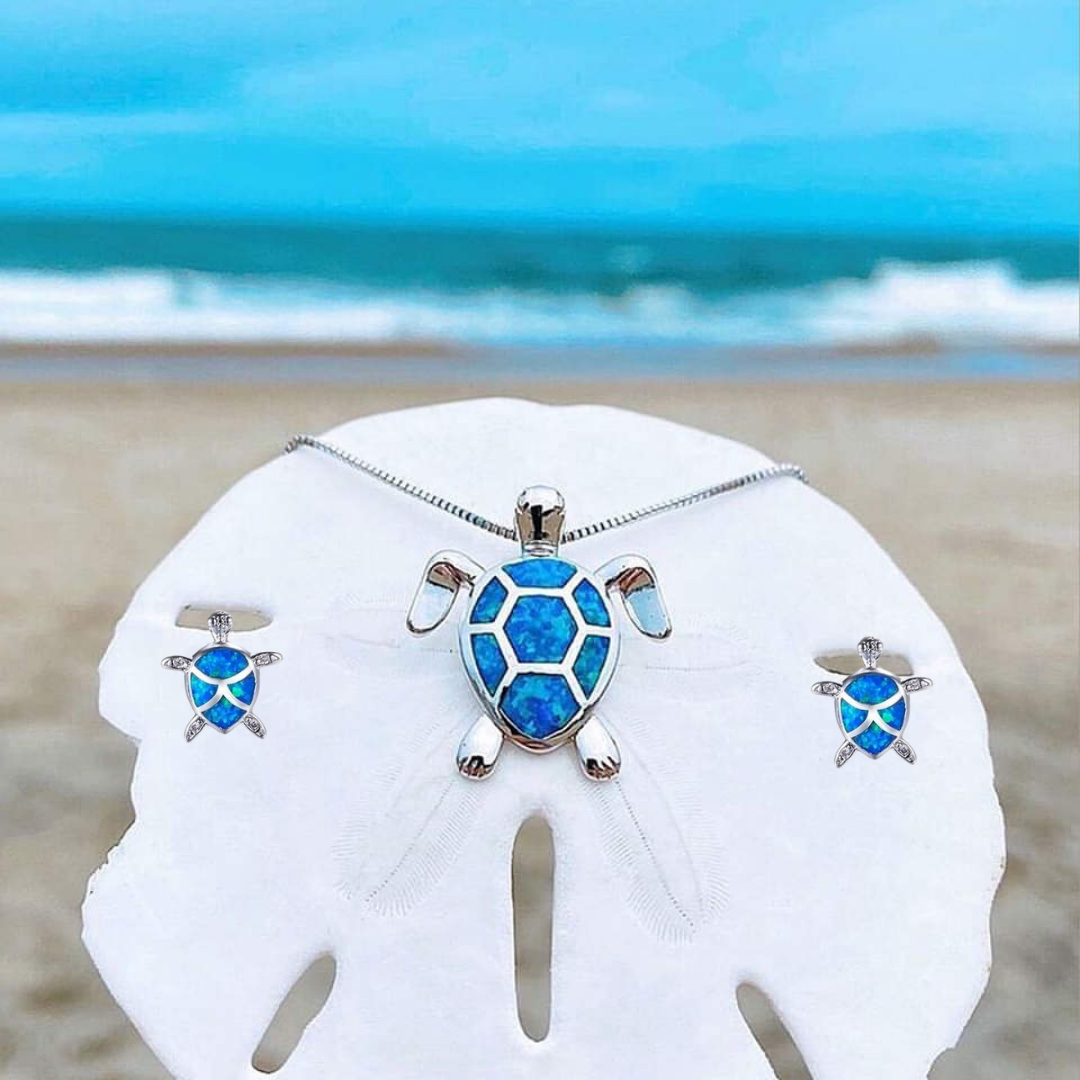 Conjunto Collar + Caravanas de Tortuga Marina en Ópalo y Plata