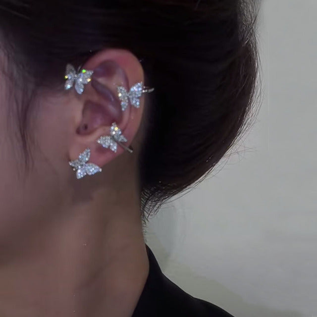 Caravanas Estilo Clip de Mariposas Brillantes en Plata