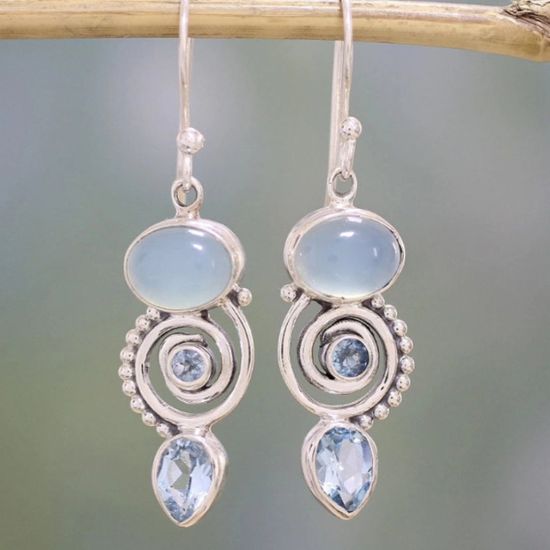 Caravanas Piedra Lunar Vintage en Plata
