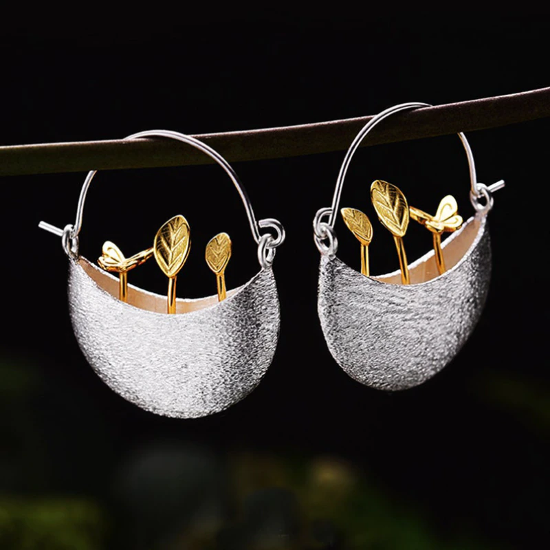 Caravanas Cesta Floral de Plata Dorada