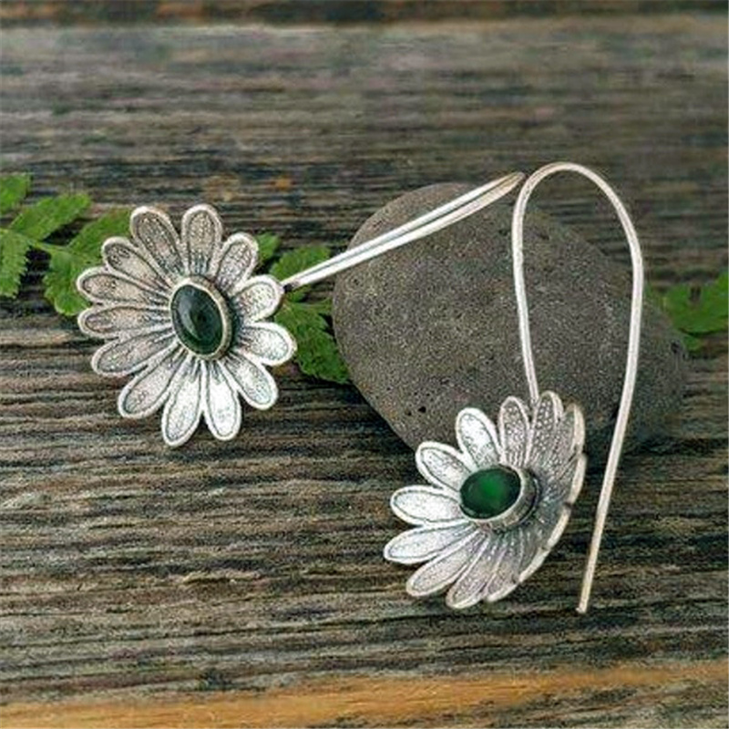 Caravanas Flor de Cristal Verde en Plata