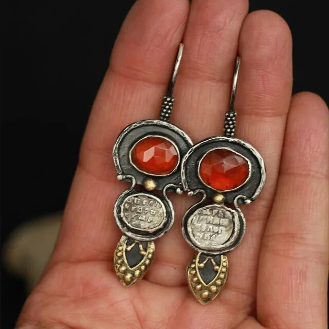 Caravanas Vintage Rojos en Plata