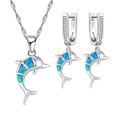 Conjunto de Collar y Caravanas de Ópalo y Plata con Forma de Delfín