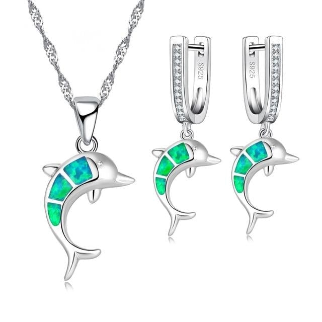 Conjunto de Collar y Caravanas de Ópalo y Plata con Forma de Delfín