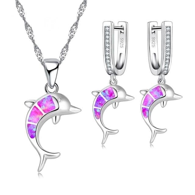 Conjunto de Collar y Caravanas de Ópalo y Plata con Forma de Delfín