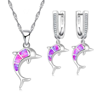 Conjunto de Collar y Caravanas de Ópalo y Plata con Forma de Delfín