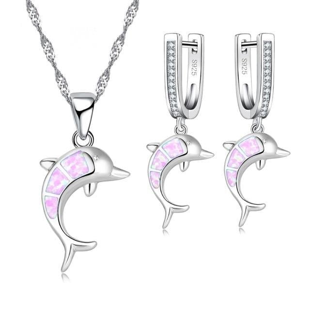 Conjunto de Collar y Caravanas de Ópalo y Plata con Forma de Delfín