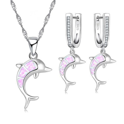Conjunto de Collar y Caravanas de Ópalo y Plata con Forma de Delfín