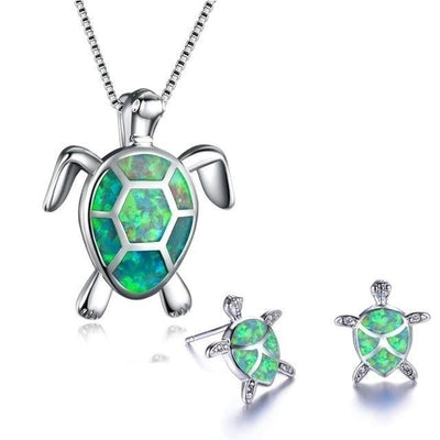 Conjunto Collar + Caravanas de Tortuga Marina en Ópalo y Plata