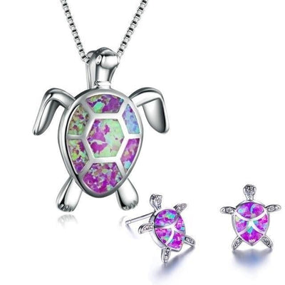 Conjunto Collar + Caravanas de Tortuga Marina en Ópalo y Plata