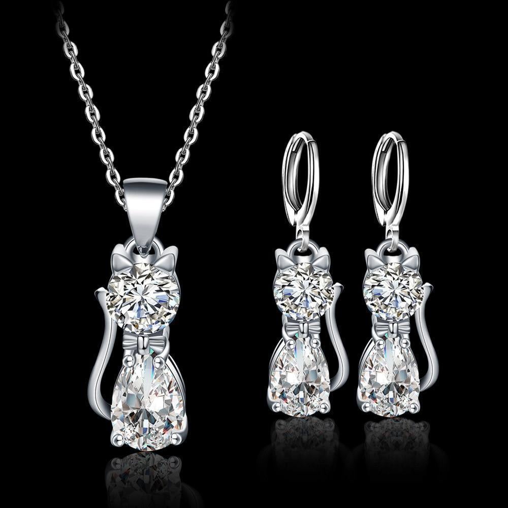 Conjunto Collar + Caravanas Gatos Felices en Plata y Zirconio Pulido Blanco